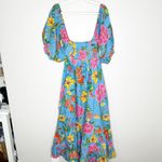 Farm Rio Womens Dress Toucans Garden Midi Puff Sleeve Cut-Out Floral Blue Size S Photo 1