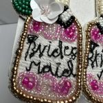 Bridesmaid Beaded Rhinestone Felt Pierced Dangle Drop Earrings Bridal Party White Photo 4