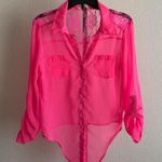 Women’s Juniors XL Hot Pink Sheer Blouse Long Sleeve Lace Back Tie Front Top Size undefined Photo 1