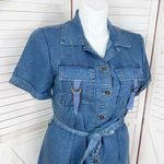 Indulge  Chambray Button Up Belted Short Sleeve Shirt Dress Denim Blue Large Photo 5