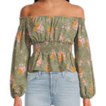 WAYF Green Floral Off The Shoulder Smocked Top Cottagecore Boho Romantic Small Photo 0