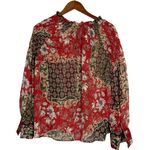 ZARA Floral Sheer Long Sleeve Flowy Boho Blouse Smocked Ruffle Neck XL Red Green Photo 11