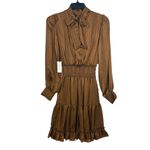 MILA MAE NWT Brown Shadow Stripe Ruffle scarf neck short dress XS Photo 1
