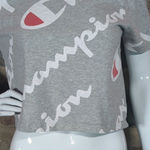 Champion T Shirt Woman's Small Heritage Athletic Gray Cropped All Over Script Photo 2