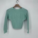Mint Green Knit V Neck Cropped Sweater Dolman Sleeve Ribbed Waist Photo 2