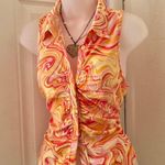 Kontrol Orange yellow psychedelic swirl halter sleeveless ruched button up down top shirt blouse stretchy Size XL Photo 1