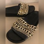 Kendall + Kylie  women black leather slide Shiloh gold chain sandals US 7.5 Photo 5