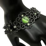 Vintage Whimsigoth Gothic Filigree Bracelet Green Cat Eye Gemstone Photo 3