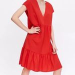 ZARA  Tiered Ruffle Dress Plunging V Neck Red Orange Swing Dress Size L Photo 4