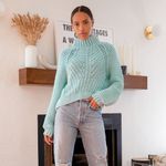 Free People  Sweetheart Light Blue Chunky Knit Mock Neck Oversized Sweater Small Photo 1
