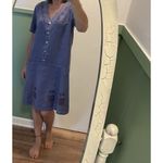 Vintage Blue Cactus Linen Dress Made in USA Boho Painted Print Drop Waist M/L Purple Size M Photo 6