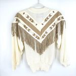 Vintage 80's Pioneer Wear Fringe Western Sweater Cream Tan Size Medium Chevron Photo 1