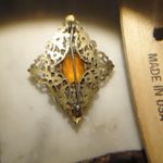 Antique Victorian Brass Filigree Brooch Yellow Orange Amber Colored Glass Photo 13