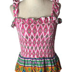 Feather & Find Shirt Women XS Pink Geometric Shiva Boho Luxe Smocked Tie Strap Photo 0