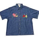 Vintage Denim Shirt Button Down Embroidered Picnic Summer Grilling L Large XL Blue Photo 0