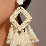 Raffia Wooden Woven Bamboo Tassel Earrings Yellow Photo 0