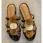 J. McLaughlin  Mandy Floral Pom Pom Sandals Slides Size 8 Leather Blue Raffia‎ Photo 1
