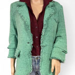 Daniel Rainn  Women’s Green Tweed Blazer Size Large Ruched 3/4 Sleeves Fringed Photo 0