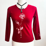 Vintage Y2K Red Glittery Floral Top 2000s Glam Coquette Romantic Small Photo 0