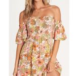Billabong  Floral Smocked Off Shoulder Mini Dress Orange Pink Green Womens Medium Photo 0