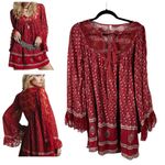 Free People  Nomad Child Red Lace Boho Flowy Floral Oversized Mini Dress Size XS Photo 1