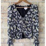 Cinq à Sept NWOT Cinq A Sept XS Kimberly Ruched Long Sleeve Top Black White Floral SemiSheer Photo 3