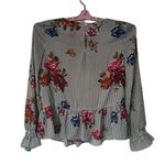 BCX  Womens Long Ruffle‎ Sleeve Crew neck Blouse Grey Floral Sz S 100% Polyester Photo 1
