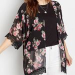 Maurice's  Black White & Pink Floral Print Crochet Trim Kimono Photo 0
