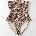 Aerie [] Leopard Print Knot Tie Front Cutout Strapless One Piece Swimsuit Large L Photo 1