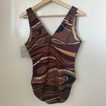 Vintage Spiegel One Piece Swimsuit Brown Silver Print Deep Plunge With Chain 14 Photo 1