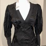 Love Shack Fancy  Black Jacquard Puff Sleeve Mini Dress XS Satin Ruffle Hem NWT Photo 5