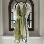 Linen Scarf with Feather Fringe, Green, Grey EXCELLENT! Green Photo 2