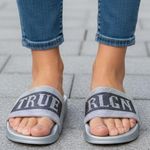 True Religion NEW  Metallic Silver Rhinestone Slides Slip On Logo SZ-11 Photo 0