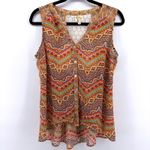 Anthropologie Fig & Flower Geometric Print Lace Back Sleeveless Button Top Small Orange Photo 1