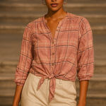 Como vintage ‎ Plaid Tie-Front Top Button Down Blouse 3/4 Sleeve XS Photo 0