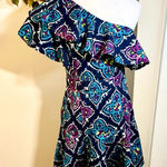 Natori Josie  One-Shoulder Ruffle Peplum Mini Dress Colorful Print Size 6💛 Photo 0