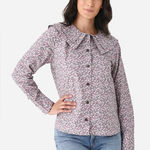 Ganni  NEW Floral Print Cotton Double-Collar Button Down Shirt Gray/Pink Sz 36 Photo 0
