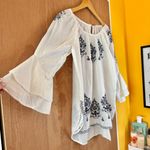 cupio  White and Blue Bell Sleeve Blouse with Ruffled Details - Large Photo 1