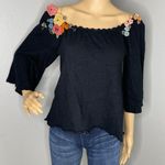 Anthropologie Moth for 3/4 Sleeve Black Wool Blend Blouse Floral Appliqué Detail Photo 0