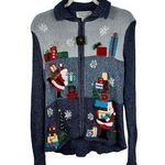 Tiara International  Blue Christmas Sweater Cardigan Santa Presents Womens Medium Photo 0