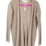 Poof! Poof Woman's Sz S Tan Neutral Colored Lace Up Back Long Sleeve Cardigan Sweater Photo 0
