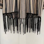 ZARA Ecru Black Stripe Rustic Fringe Tassel Trim Boho Open Front Kimono Size S Photo 8