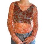 ZARA Small Orange & Pink Rose Floral Print Mesh Sheer Long Sleeve Ruched Blouse Photo 0