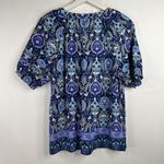 Talbots Size M Pleated Sleeve Top Floret Medallion Elbow Sleeve Split Neck Blue Photo 7