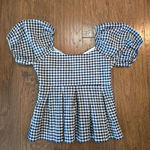 Draper James  Women’s Gingham Puff Sleeve Peplum Top Blue White Blouse Size L Photo 1