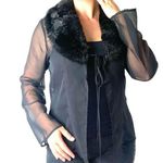 Y2K Faux Fur Collar Sheer Chiffon Tie Front Blouse Size Large Black Photo 0