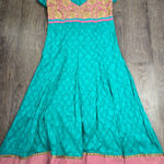 Muskan India Teal Aqua Pink Gold Short Sleeve V Neck Long Cotton Dress Small Green Photo 0