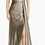 Theia Farren Strapless Gown Dress Pewter Satin Size 4 NWT Flattering MOB Dress Gold Photo 0