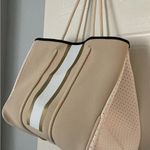 Neoprene Large Hand Bag Tote Purse Beige w/ Gold Black & White Accents Photo 3