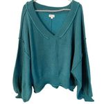 POL  Size Large Green Exposed Hem Bubble Sleeve Deep V Pullover Knit Top Photo 0